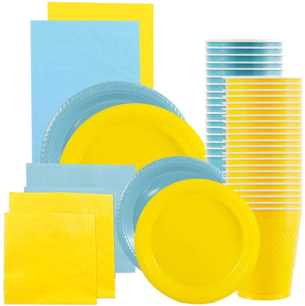 Sea Blue and Yellow Party Tableware Kit (Small and Medium Plastic Plates, Lunch and Beverage Napkins, Plastic Cups, and Plastic Tablecovers) - 160 Pack