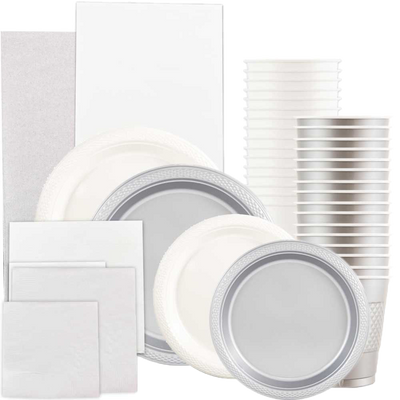 White and Silver Party Tableware Kit (Small and Medium Plastic Plates, Lunch and Beverage Napkins, Plastic Cups, and Plastic Tablecovers) - 160 Pack