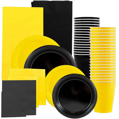 Black and Yellow Party Tableware Kit (Small and Medium Plastic Plates, Lunch and Beverage Napkins, Plastic Cups, and Plastic Tablecovers) - 160 Pack