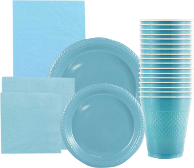 Sea Blue Party Tableware Kit (Small and Medium Plastic Plates, Lunch and Beverage Napkins, Plastic Cups, and Plastic Tablecover) - 160 Pack