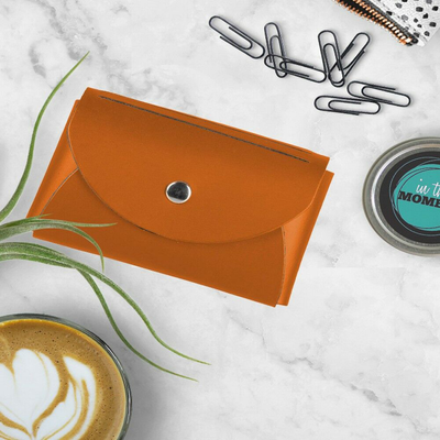 Orange Leather Business Card Case with Round Flap - 20 Card Capacity