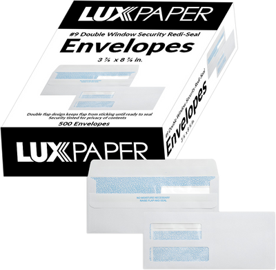 White with Security Tint 24lb #9 Regular Double Window Envelopes (3 7/8 x 8 7/8) with Redi Seal
