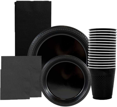 Black Party Tableware Kit (Small and Medium Plastic Plates, Lunch and Beverage Napkins, Plastic Cups, and Plastic Tablecover) - 160 Pack