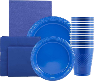 Blue Party Tableware Kit (Small and Medium Plastic Plates, Lunch and Beverage Napkins, Plastic Cups, and Plastic Tablecover) - 160 Pack