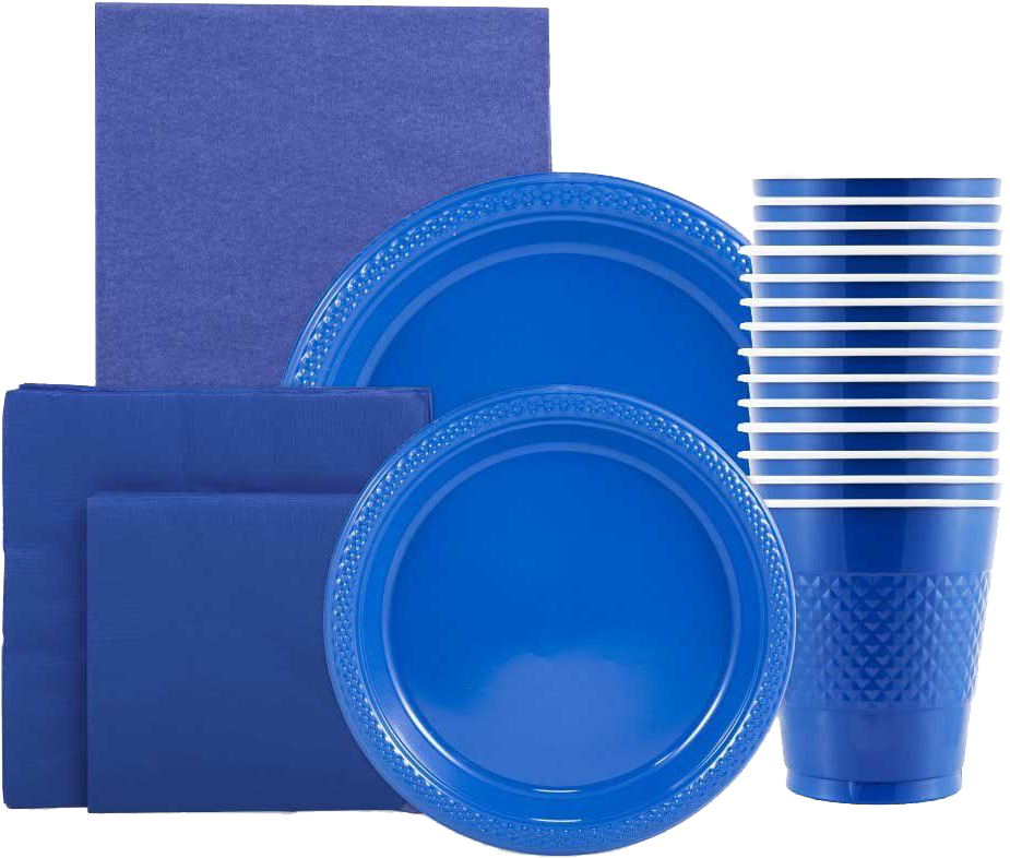 Blue Party Tableware Kit (Small and Medium Plastic Plates, Lunch and Beverage Napkins, Plastic Cups, and Plastic Tablecover) - 160 Pack