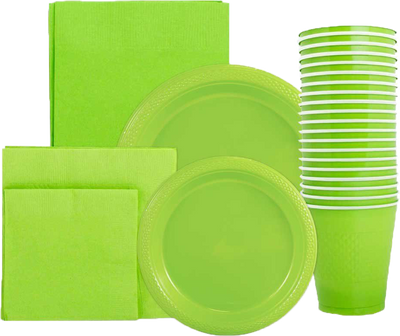 Lime Green Party Tableware Kit (Small and Medium Plastic Plates, Lunch and Beverage Napkins, Plastic Cups, and Plastic Tablecover) - 160 Pack