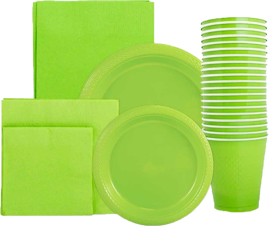 Lime Green Party Tableware Kit (Small and Medium Plastic Plates, Lunch and Beverage Napkins, Plastic Cups, and Plastic Tablecover) - 160 Pack