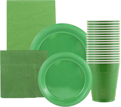 Green Party Tableware Kit (Small and Medium Plastic Plates, Lunch and Beverage Napkins, Plastic Cups, and Plastic Tablecover) - 160 Pack