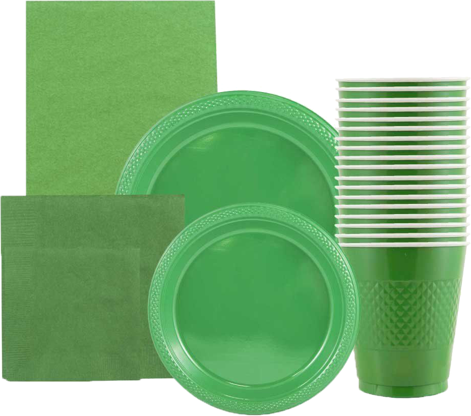 Green Party Tableware Kit (Small and Medium Plastic Plates, Lunch and Beverage Napkins, Plastic Cups, and Plastic Tablecover) - 160 Pack