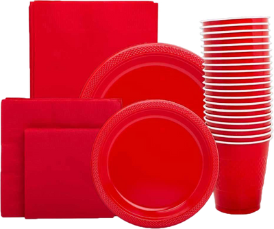 Red Party Tableware Kit (Small and Medium Plastic Plates, Lunch and Beverage Napkins, Plastic Cups, and Plastic Tablecover) - 160 Pack