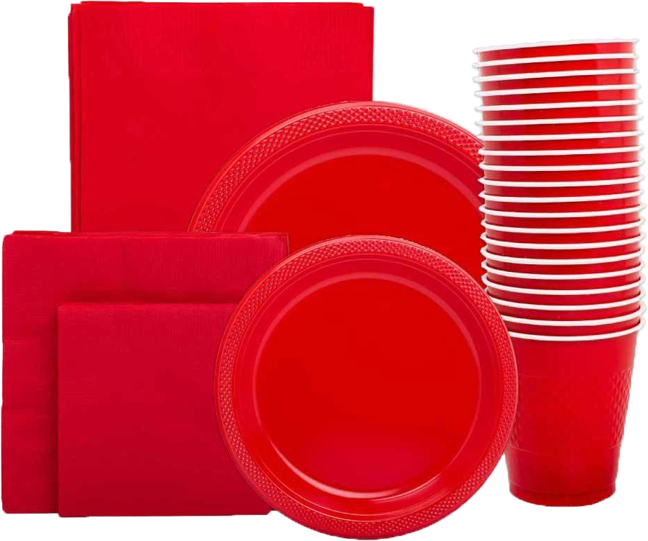 Red Party Tableware Kit (Small and Medium Plastic Plates, Lunch and Beverage Napkins, Plastic Cups, and Plastic Tablecover) - 160 Pack