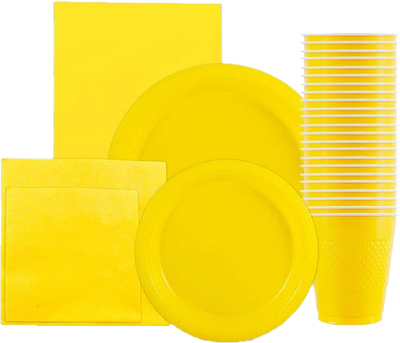 Yellow Party Tableware Kit (Small and Medium Plastic Plates, Lunch and Beverage Napkins, Plastic Cups, and Plastic Tablecover) - 160 Pack