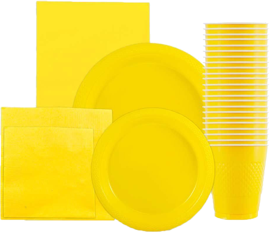 Yellow Party Tableware Kit (Small and Medium Plastic Plates, Lunch and Beverage Napkins, Plastic Cups, and Plastic Tablecover) - 160 Pack