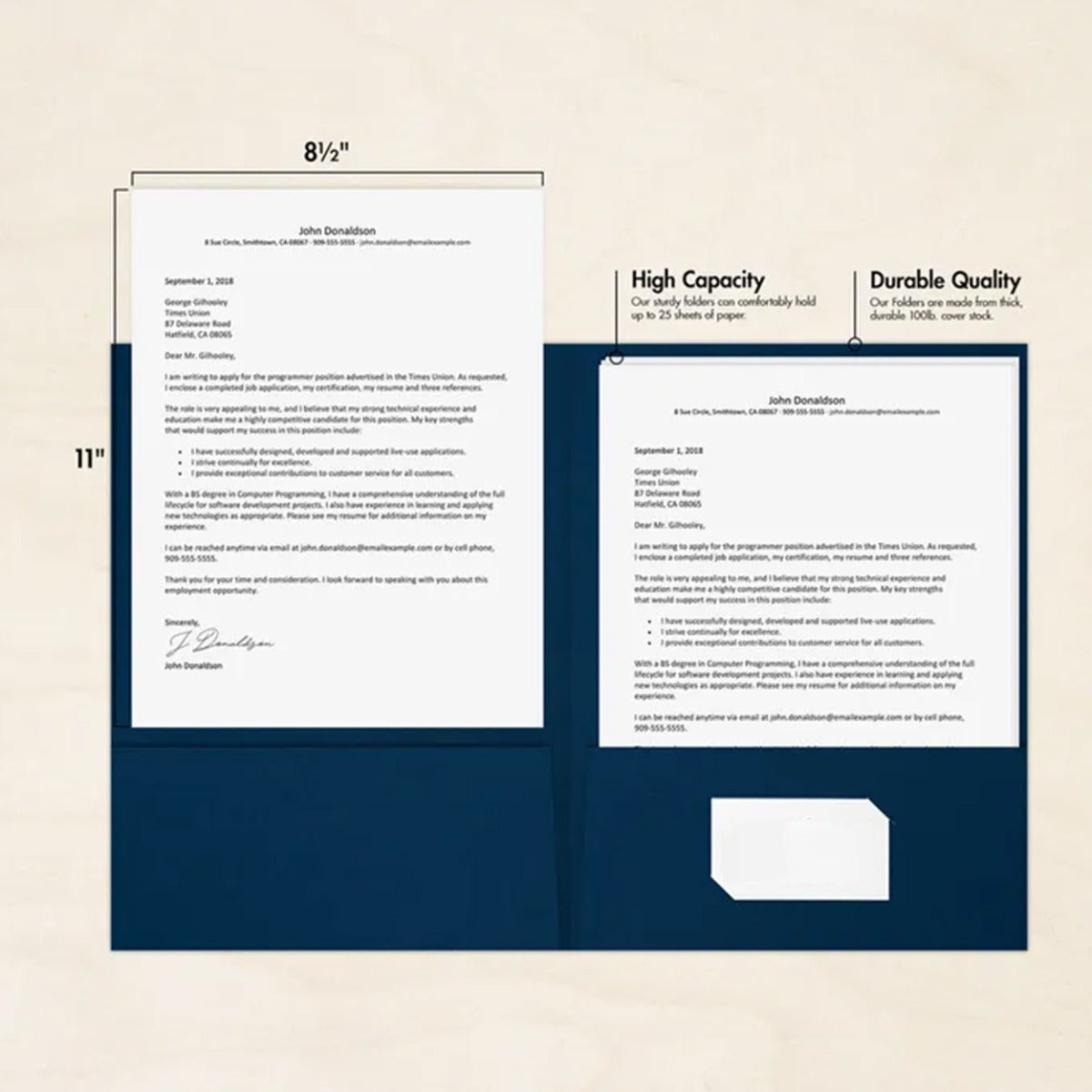 Nautical Navy Blue Linen 9 x 12 Folders with Front Cover Center Card Slits