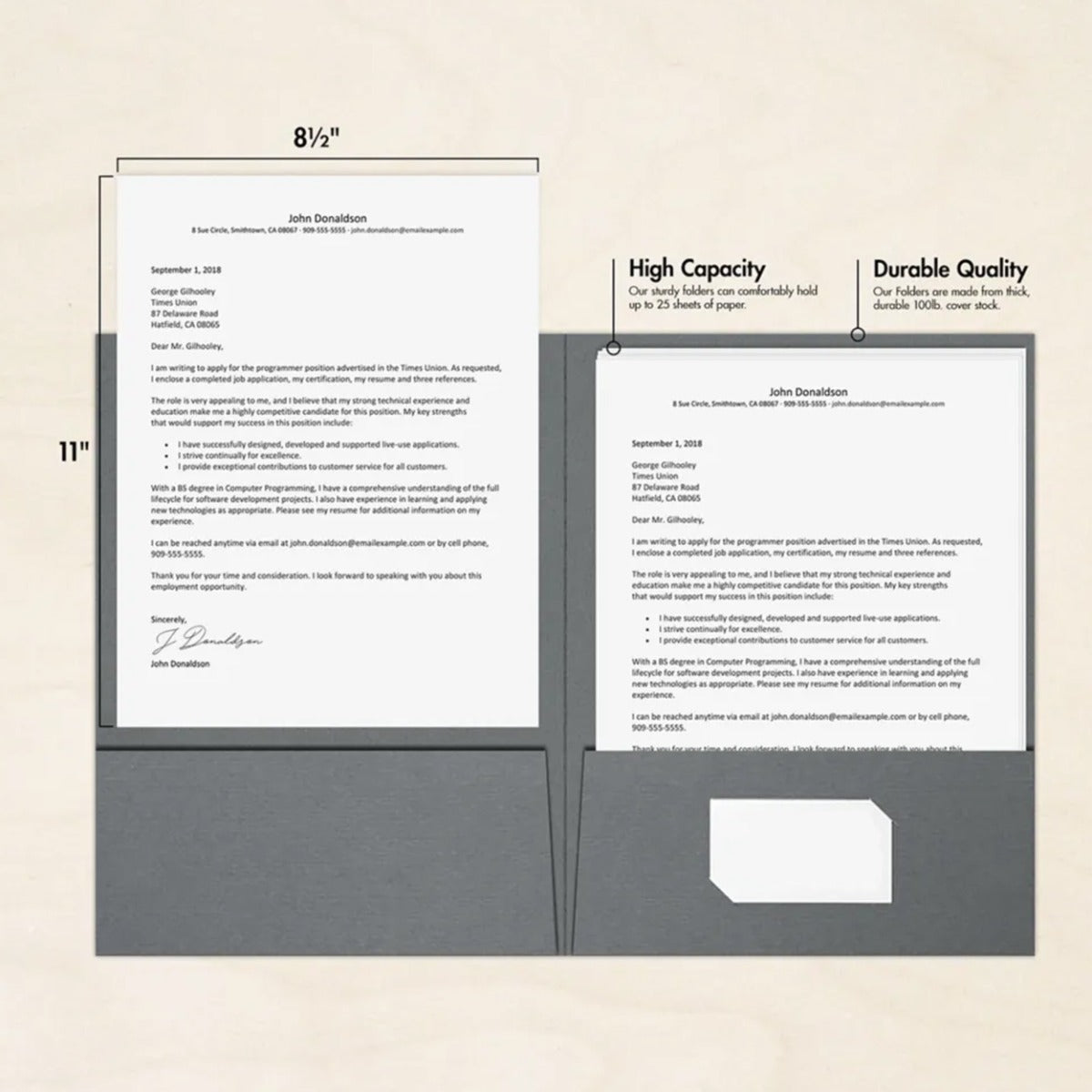 Sterling Gray Linen 9 x 12 Folders with Front Cover Lower Right Card Slits