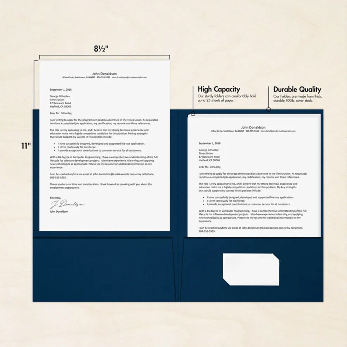 Nautical Navy Blue Linen 9 x 12 Folders with Front Cover Lower Right Card Slits