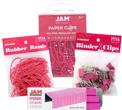 Pink Desk Supplies Set (Regular Paper Clips, Rubber Bands, Small Binder Clips, and Staples)