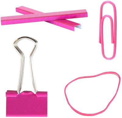 Pink Desk Supplies Set (Regular Paper Clips, Rubber Bands, Small Binder Clips, and Staples)