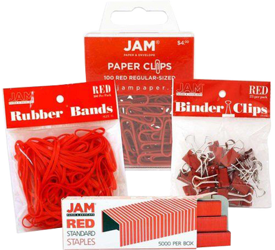 Red Desk Supplies Set (Regular Paper Clips, Rubber Bands, Small Binder Clips, and Staples)