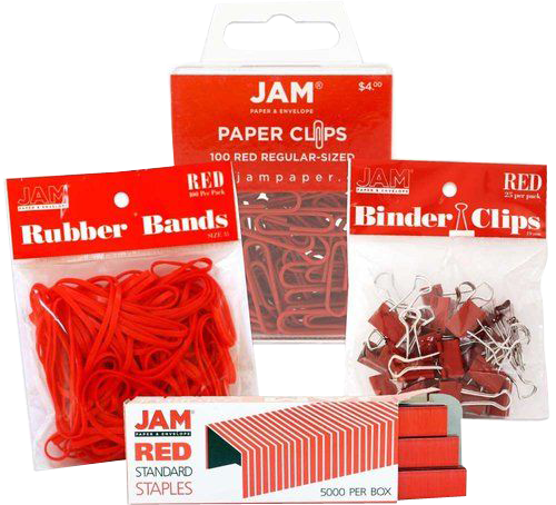 Red Desk Supplies Set (Regular Paper Clips, Rubber Bands, Small Binder Clips, and Staples)