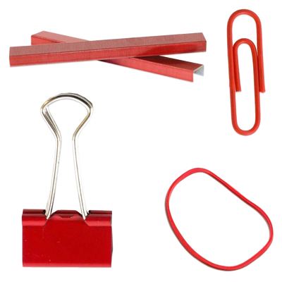 Red Desk Supplies Set (Regular Paper Clips, Rubber Bands, Small Binder Clips, and Staples)