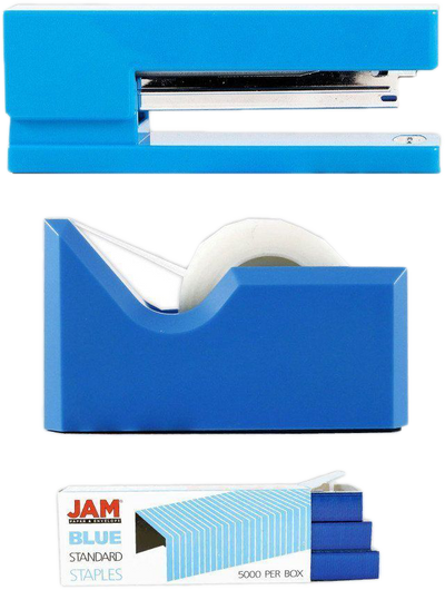 Blue Office Desk Set (Stapler, Tape Dispenser, and Staples)