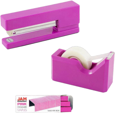 Fuchsia Pink Office Set (Stapler, Tape Dispenser, and Black Staples)