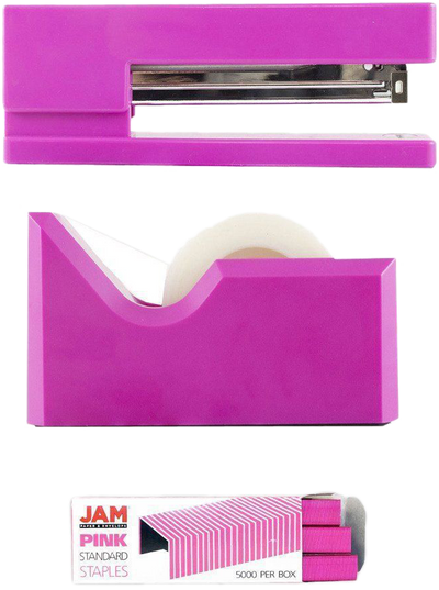 Fuchsia Pink Office Set (Stapler, Tape Dispenser, and Black Staples)