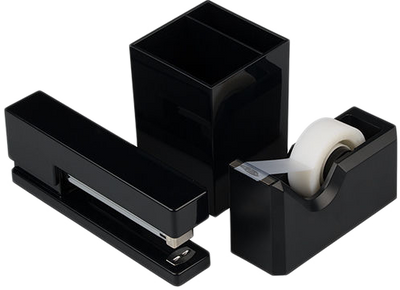 Black Office Desk Set (Stapler, Tape Dispenser, and Pen Holder)