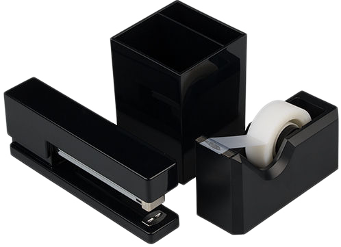 Black Office Desk Set (Stapler, Tape Dispenser, and Pen Holder)