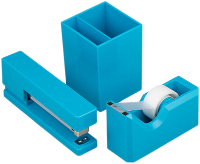 Blue Office Desk Set (Stapler, Tape Dispenser, and Pen Holder)