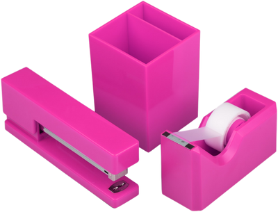 Fuchsia Pink Office Desk Set (Stapler, Tape Dispenser, and Pen Holder)