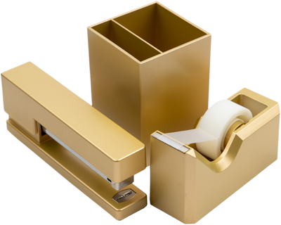 Gold Office Desk Set (Stapler, Tape Dispenser, and Pen Holder)