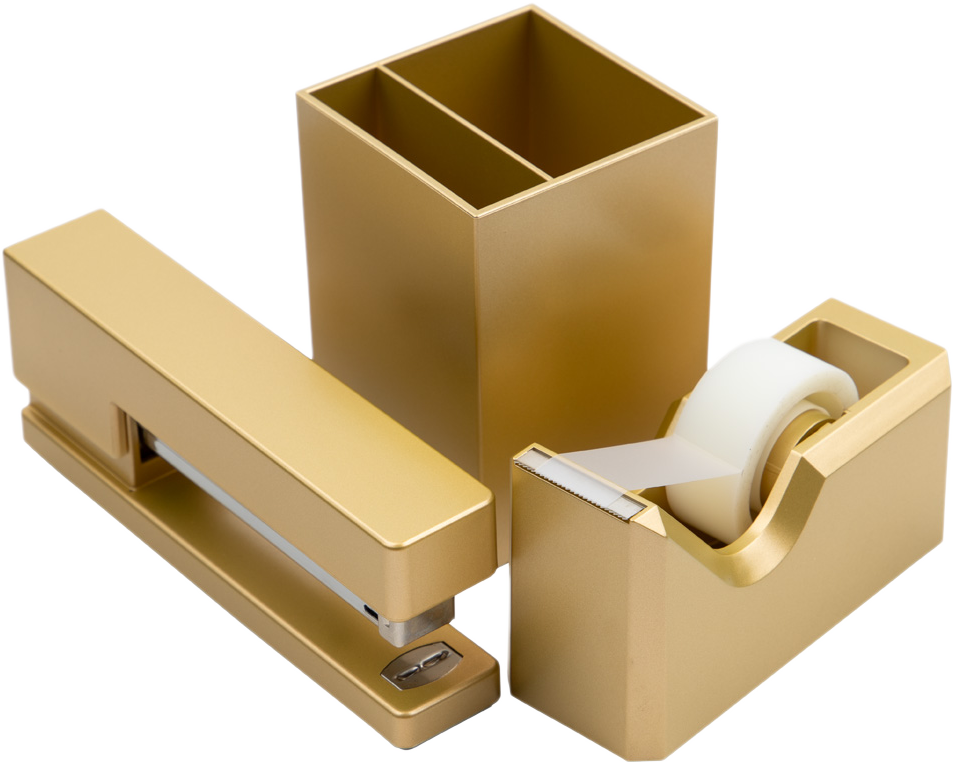 Gold Office Desk Set (Stapler, Tape Dispenser, and Pen Holder)