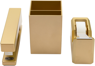 Gold Office Desk Set (Stapler, Tape Dispenser, and Pen Holder)