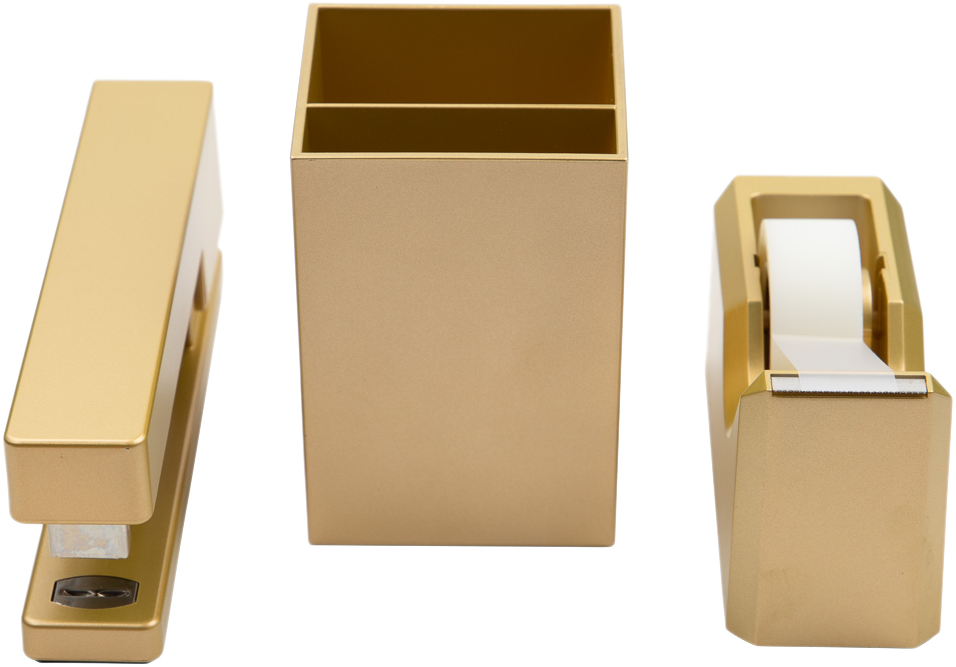 Gold Office Desk Set (Stapler, Tape Dispenser, and Pen Holder)