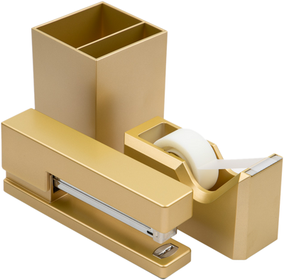 Gold Office Desk Set (Stapler, Tape Dispenser, and Pen Holder)