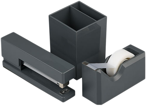 Gray Office Desk Set (Stapler, Tape Dispenser, and Pen Holder)