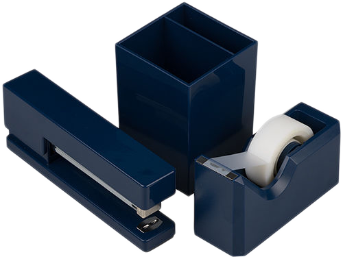 Navy Blue Office Desk Set (Stapler, Tape Dispenser, and Pen Holder)