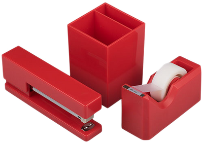 Red Office Desk Set (Stapler, Tape Dispenser, and Pen Holder)