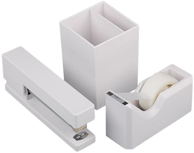 White Office Desk Set (Stapler, Tape Dispenser, and Pen Holder)