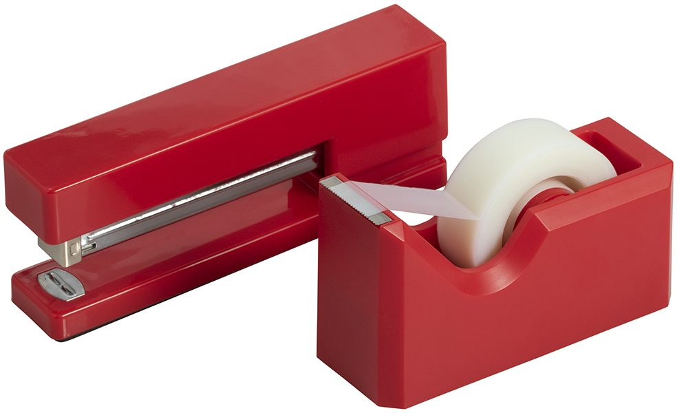 Red Stapler and Tape Dispenser Desk Set