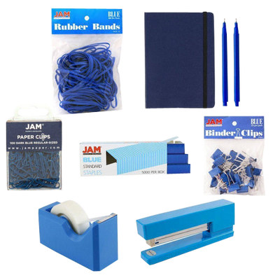 Blue Complete Office Desk Set (Rubber Bands, Journal, Le Pens, Paper Clips, Stapler, Staples, Tape Dispenser, and Binder Clips)