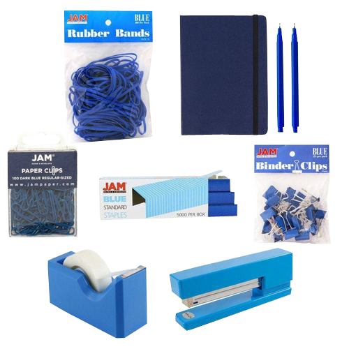 Blue Complete Office Desk Set (Rubber Bands, Journal, Le Pens, Paper Clips, Stapler, Staples, Tape Dispenser, and Binder Clips)