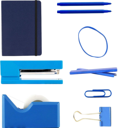 Blue Complete Office Desk Set (Rubber Bands, Journal, Le Pens, Paper Clips, Stapler, Staples, Tape Dispenser, and Binder Clips)