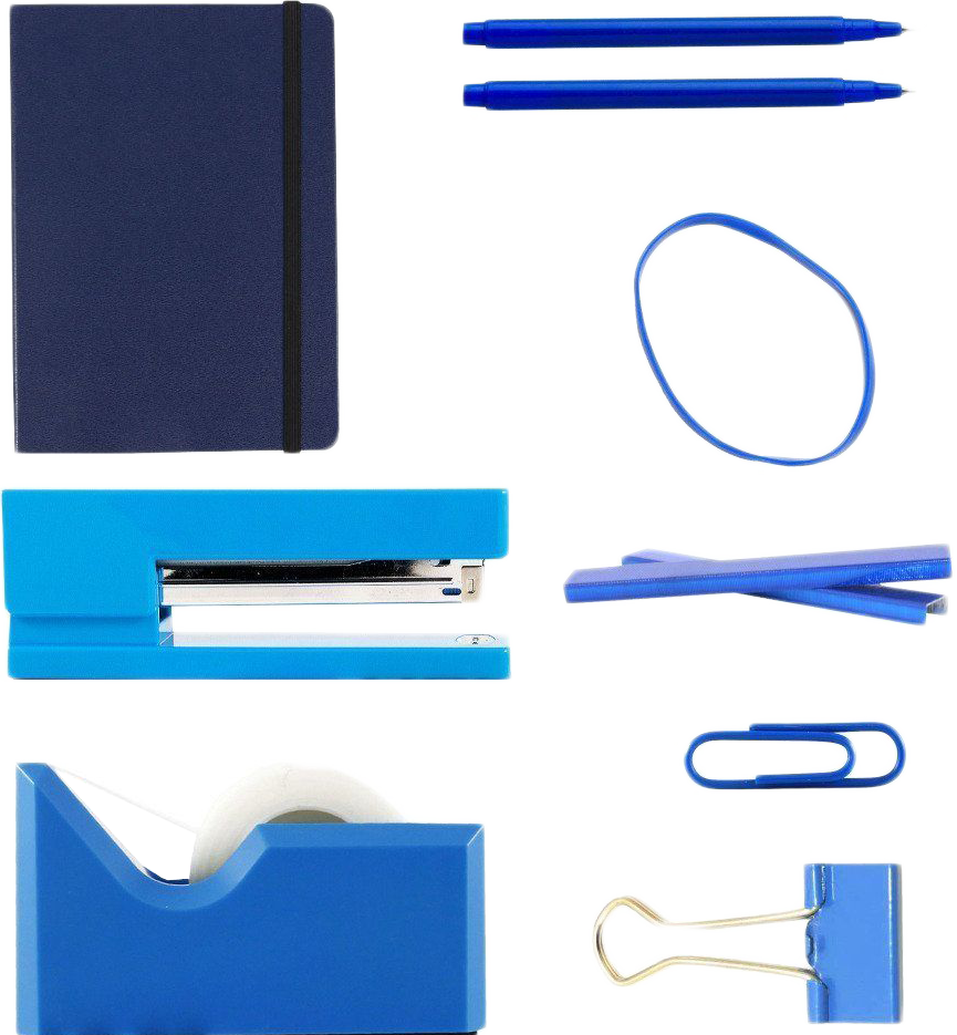 Blue Complete Office Desk Set (Rubber Bands, Journal, Le Pens, Paper Clips, Stapler, Staples, Tape Dispenser, and Binder Clips)