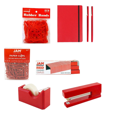 Red Complete Office Desk Set (Rubber Bands, Journal, Le Pens, Paper Clips, Stapler, Staples, Tape Dispenser, and Binder Clips)
