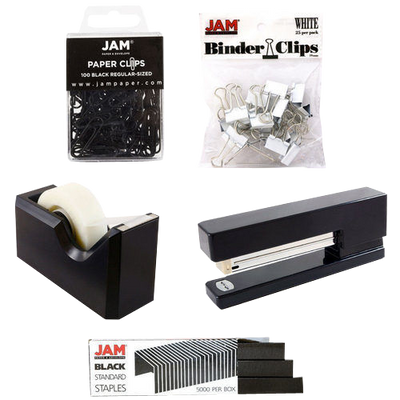Black Office Starter Set (Paper Clips, Tape Dispenser, Stapler, Staples, and White Binder Clips)