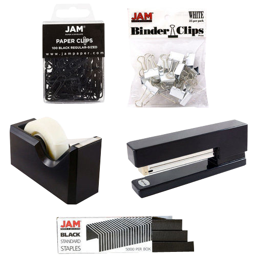 Black Office Starter Set (Paper Clips, Tape Dispenser, Stapler, Staples, and White Binder Clips)