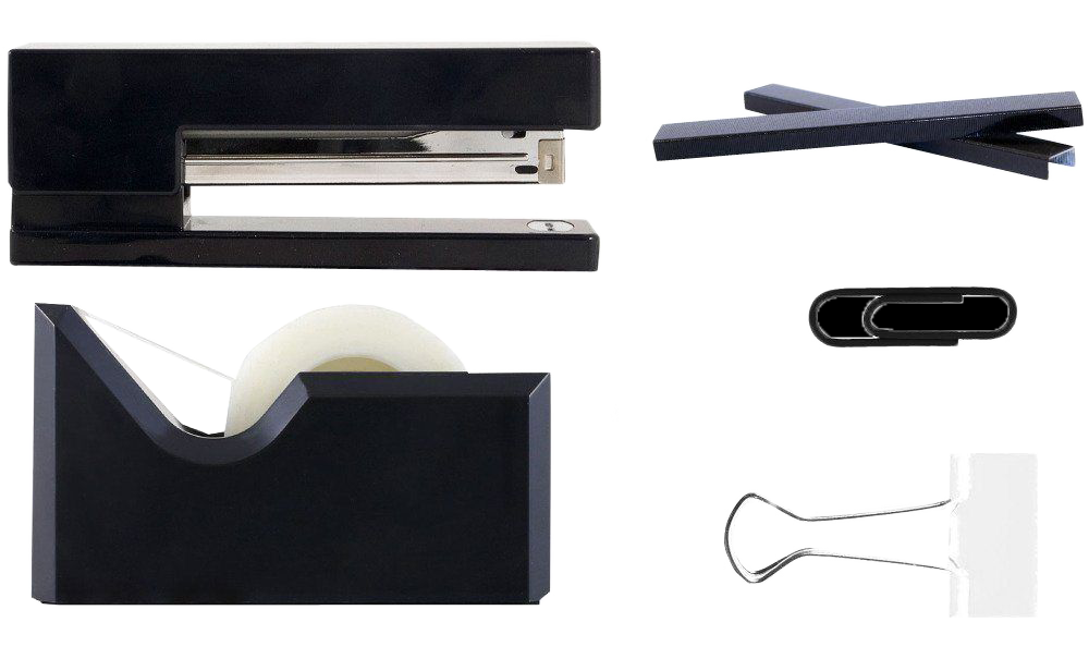Black Office Starter Set (Paper Clips, Tape Dispenser, Stapler, Staples, and White Binder Clips)